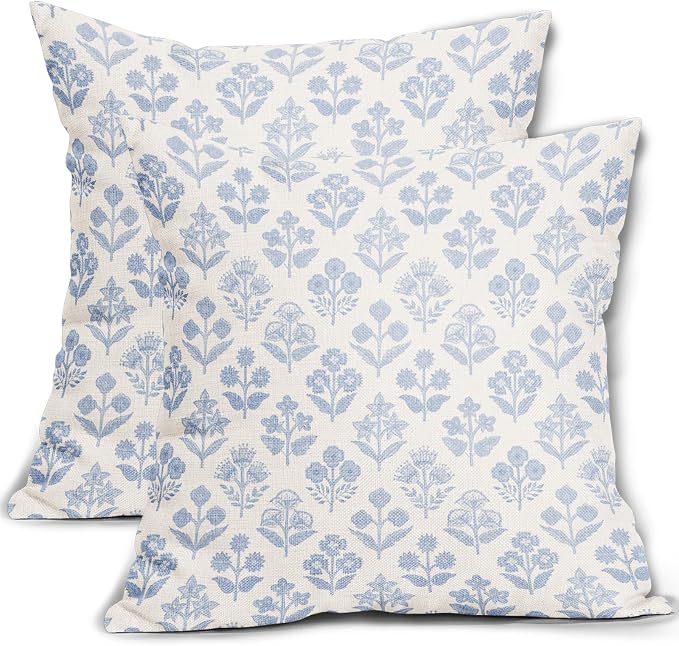Baby Blue Floral Pillow Covers 20x20 Inch Set of 2, Vintage Flower Block Print by Sivirary