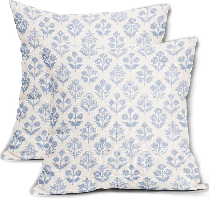 Baby Blue Floral Pillow Covers 16x16 Inch Set of 2, Vintage Flower Block Print by Sivirary