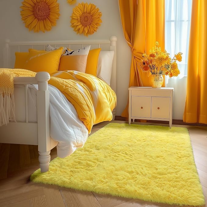 Amdrebio Yellow Area Rug for Bedroom Living Room, 5x7 Fluffy Fuzzy Plush Rugs - Image 5