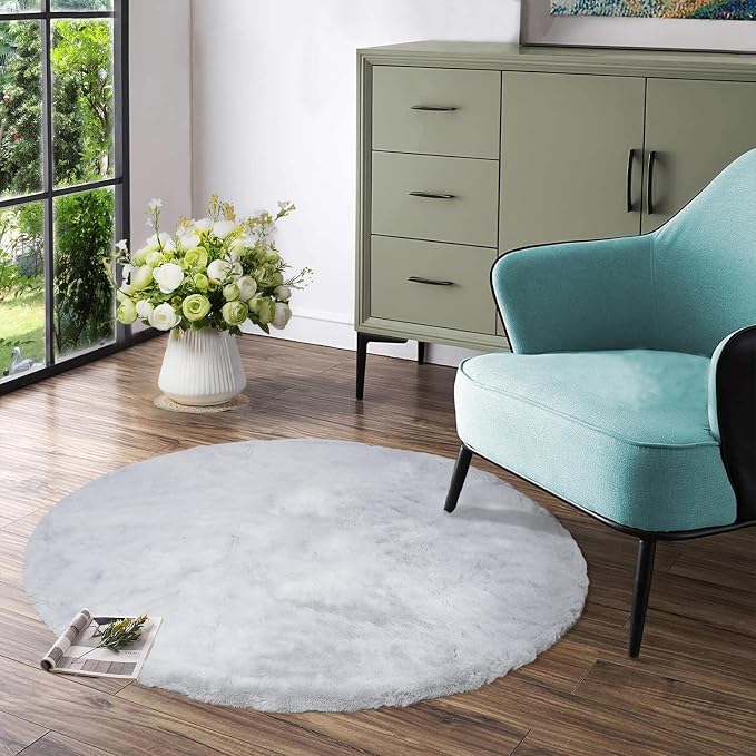 Latepis Round Rugs 4ft Fluffy Washable Rug Circle Furry Grey Rugs by Latepis