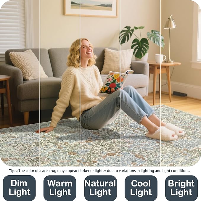 Vintage Beige Blue Living Room Rug, 8x10 Washable Area Rugs - Image 7