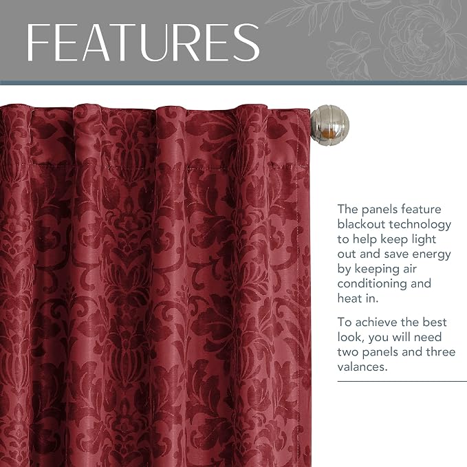 Elrene Home Fashions Antonia Floral Damask Blackout Single Window Curtain Panel - Image 3