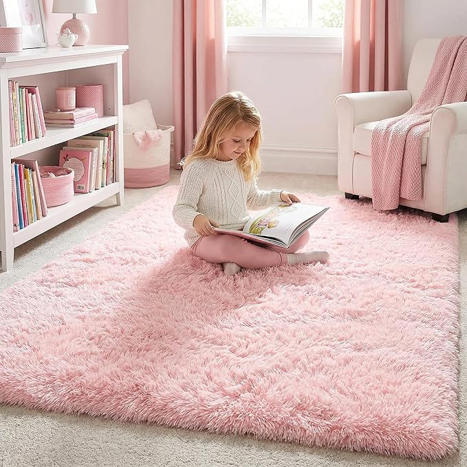 Amdrebio Pink Bedroom Rug 3x5 for Girls Room, Fluffy Plush Bedside Area Rugs - Image 3