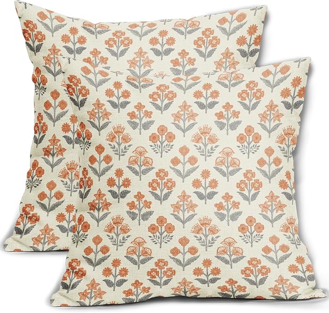 Orange Grey Gray Floral Pillow Covers 24x24 Inch Set of 2, Vintage Flower Block by Sivirary