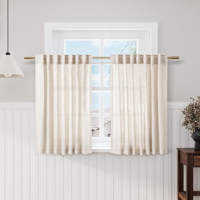 Beige Kitchen Curtains 36 Inch Length Set 2 Panel Back Tab Pocket Semi Sheer by Nanspring