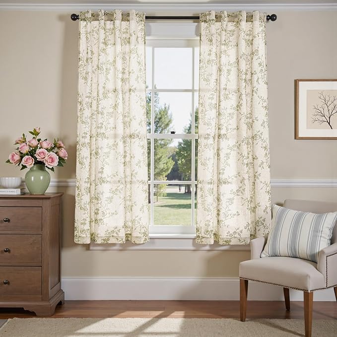 jinchan Linen Floral Curtains 63 Inch Farmhouse Country Flower Drapes Rustic by JINCHAN