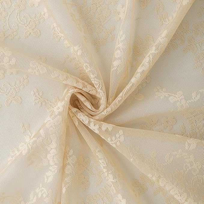 YJ YANJUN Vintage Lace Curtains 102 Inch Long-Victorian Floral Pattern Beige - Image 6