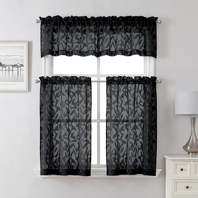 Lecloud Leia Black Sheer Kitchen Curtains 30 Inch Length 2 Pcs, Leaf Textured - Image 8