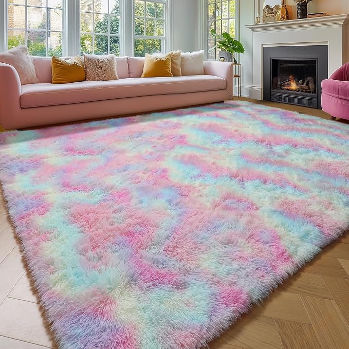 Amdrebio Rainbow Area Rugs for Girls Bedroom Kids Room Decor, 9x12 Large Pastel - Image 5