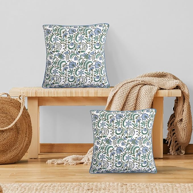 Ridhi Block Print Columbia Blue Pillow Cover 18" x 18" Decorative Couch Pillows - Image 3