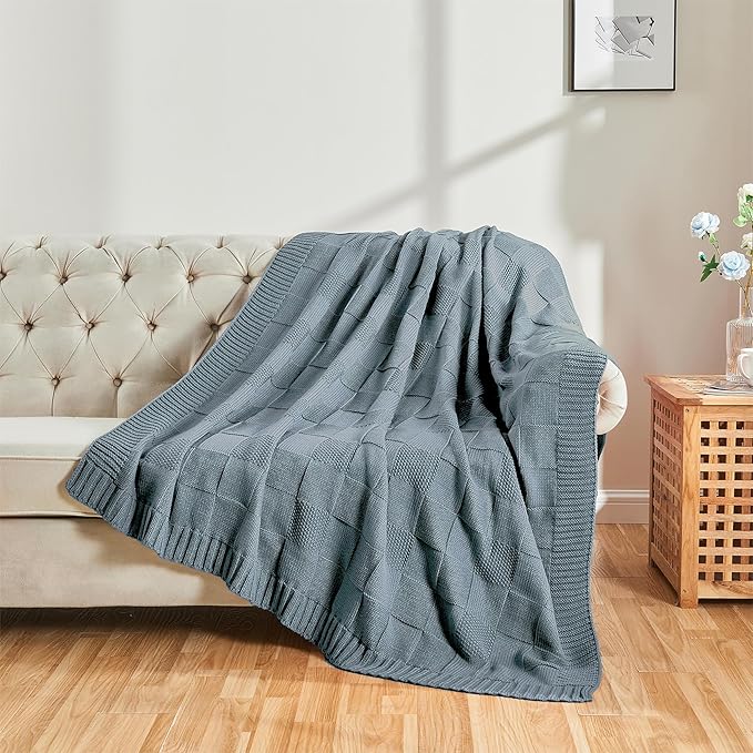 CozeCube Check Knit Throw Blanket, Dusty Blue Checkered Throw - Image 5