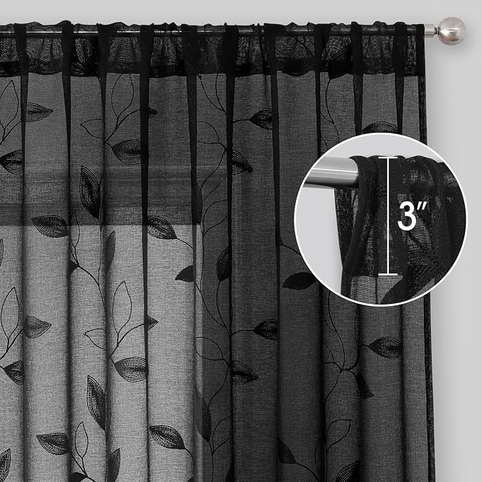 HOMEIDEAS Black Sheer Curtains 52 X 96 Inches Length 2 Panels Black Embroidered - Image 5