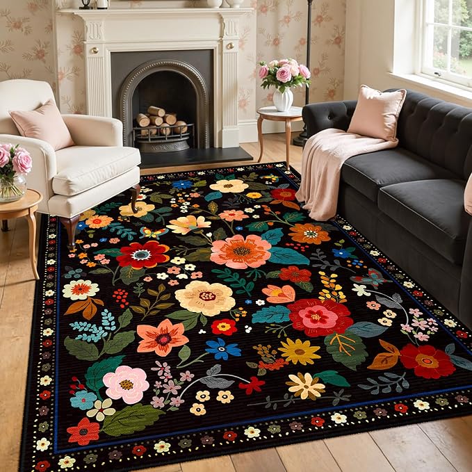 RELEANY Floral Nursery 5x8 Area Rugs Washable Print Boho Cute Carpet Non Slip by RELEANY