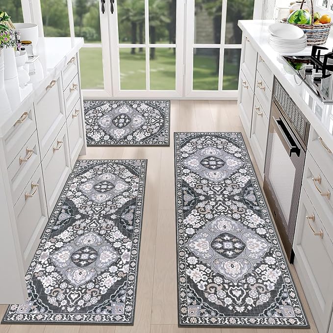 HEBE Farmhouse Kitchen Rugs Sets of 3 Non Slip Washable Boho Kitchen Rugs and by HEBE