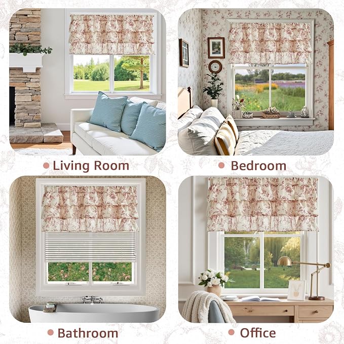 jinchan Amlie Ruffled Floral Valance Curtain Shabby Chic Linen Kitchen Valance - Image 5