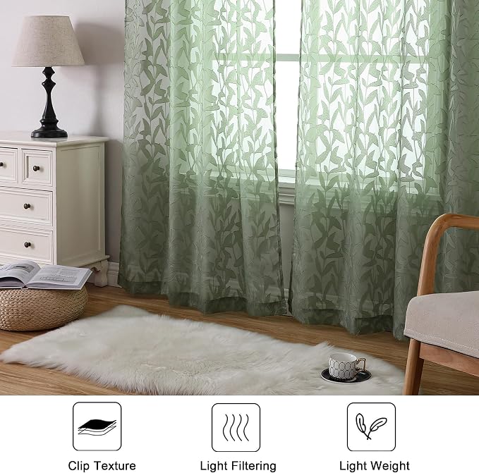 Lecloud Leia Sage Green Sheer Curtains 84 Inches Long 2 Panels, Airy Voile - Image 3