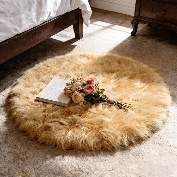 Ultra Soft Faux Fur Rug, Fluffy Shaggy 3ft Round Area Rug by TUOTPE
