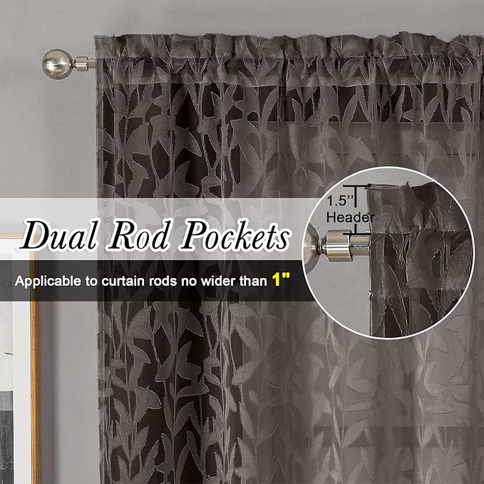 Lecloud Leia Chocolate Brown Sheer Kitchen Curtains 24 Inch Length 2 Pcs - Image 3