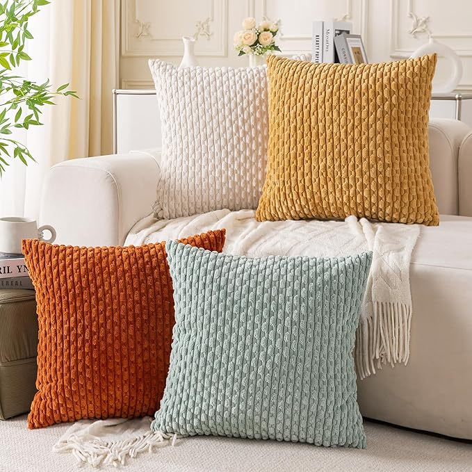 Set of 4 Yellow Rust Aqua Decorative Throw Pillow Covers 20x20 Inch Corduroy by Cozoomy