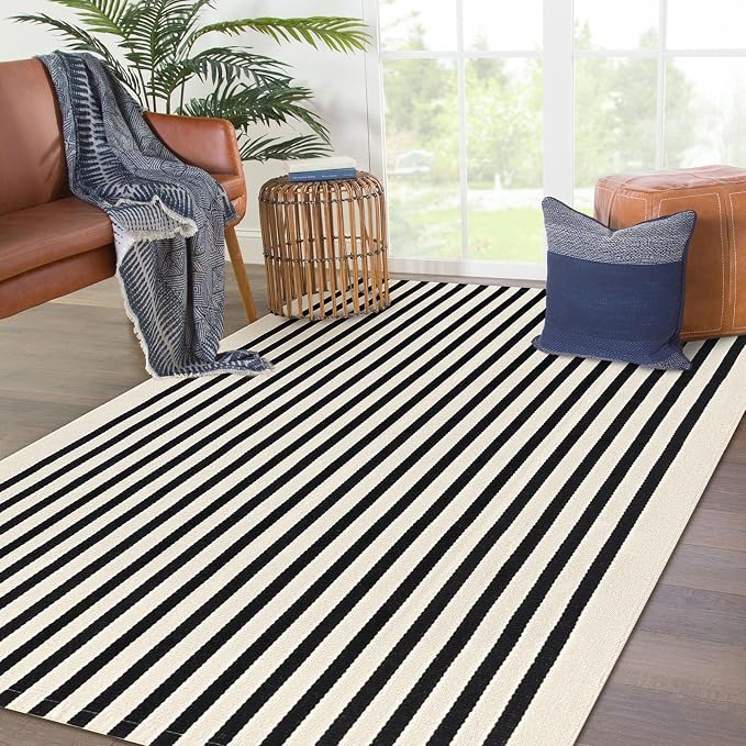 KOZYFLY Black and Beige Striped Rug 4x6 Ft Area Rug Washable Indoor Outdoor Rug - Image 7