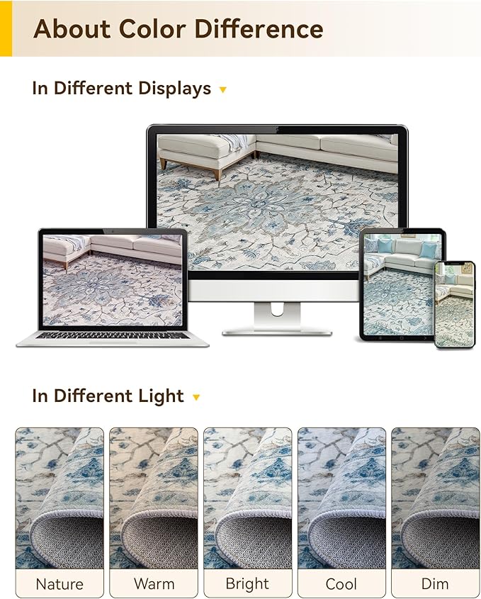 Area Rugs 7'x10' Washable Non-Slip, Floral Vintage Distress Print Pattern - Image 8