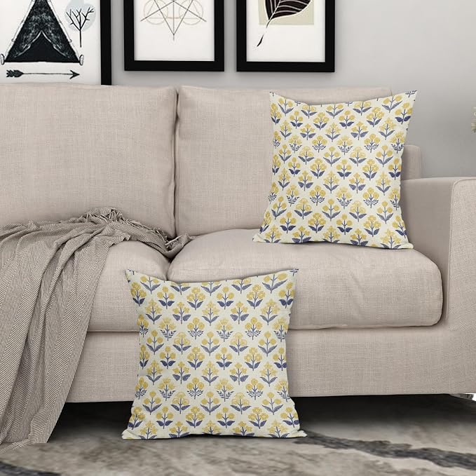 Navy Blue Yellow Floral Block Print Pillow Covers 18x18 Inch Set of 2, Vintage - Image 3