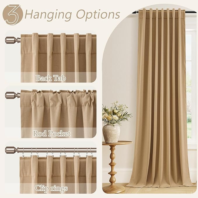 Guken Camel Brown 100% Blackout Linen Curtains 102 Inch Length 2 Panels Set - Image 6