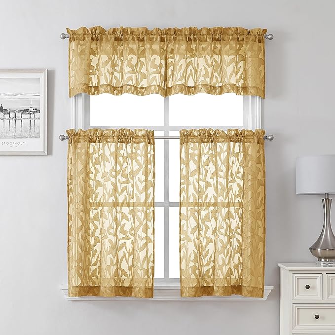 Lecloud Leia Dark Gold Sheer Kitchen Curtains 30 Inch Length 2 Panels, - Image 7