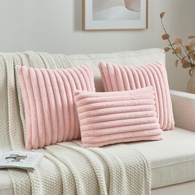 FUTEI Pink Decorative Throw Pillow Covers Set of 2, 12x20 Inch Soft Fluffy Faux - Image 4