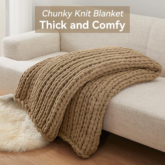 Negwoo Chunky Knit Throw Blanket, Handmade Light Brown Crochet Big Thick Blanket - Image 5
