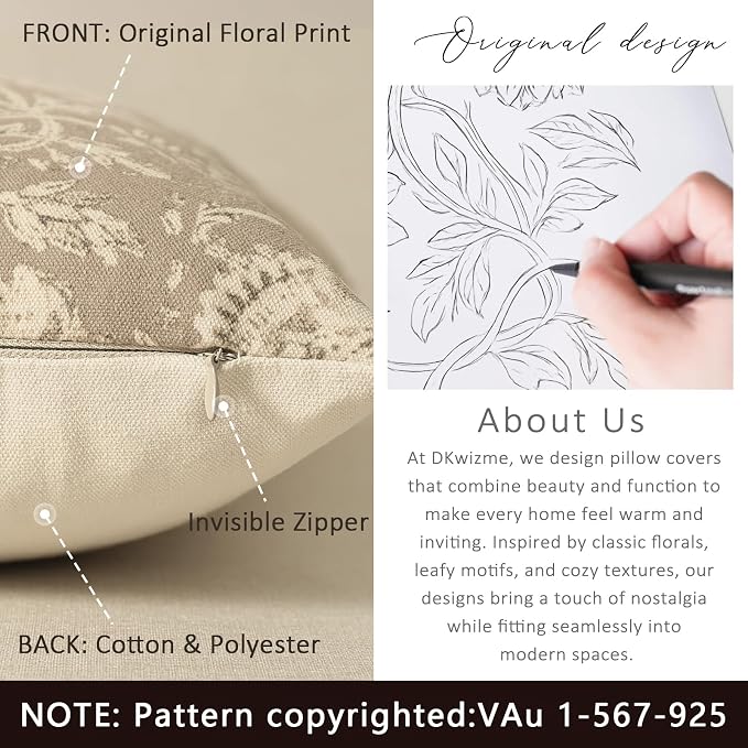 Vintage Floral Print Throw Pillow Covers 16x16 Set of 2 Neutral Modern - Image 3