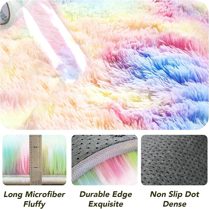 Round 5x5 ft Fluffy Rainbow Rug: Ultra Soft Furry Girls Bedroom Carpet- - Image 6