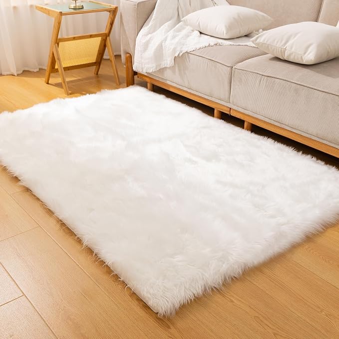 Fluffy Faux Fur Rug White Sheepskin Area Rug, 4x6 Ft Ultra Soft Shaggy Plush Rug by CKLZSAY