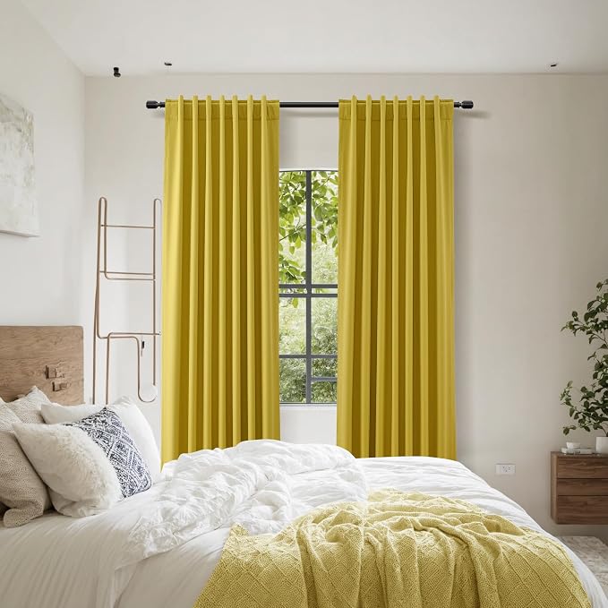 Guken Celery Yellow 100% Blackout Linen Curtains 102 Inch Length 2 Panels Set - Image 9