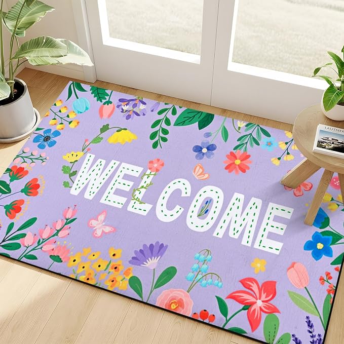 Likiyol Floral Door Mat Outside Entrance, Colorful Flower Welcome Mat Front - Image 3