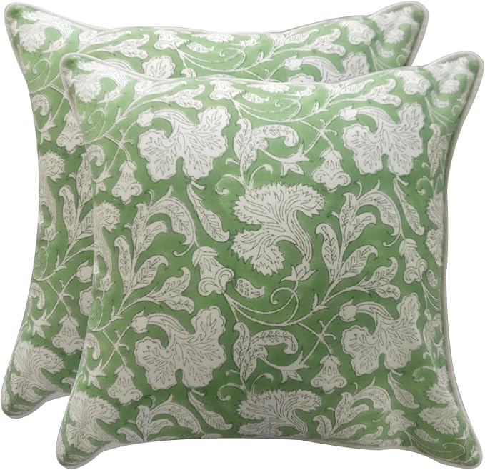 Ridhi Block Print Sage Green Pillow Cover 18" x 18" Decorative Couch Pillows by Ridhi