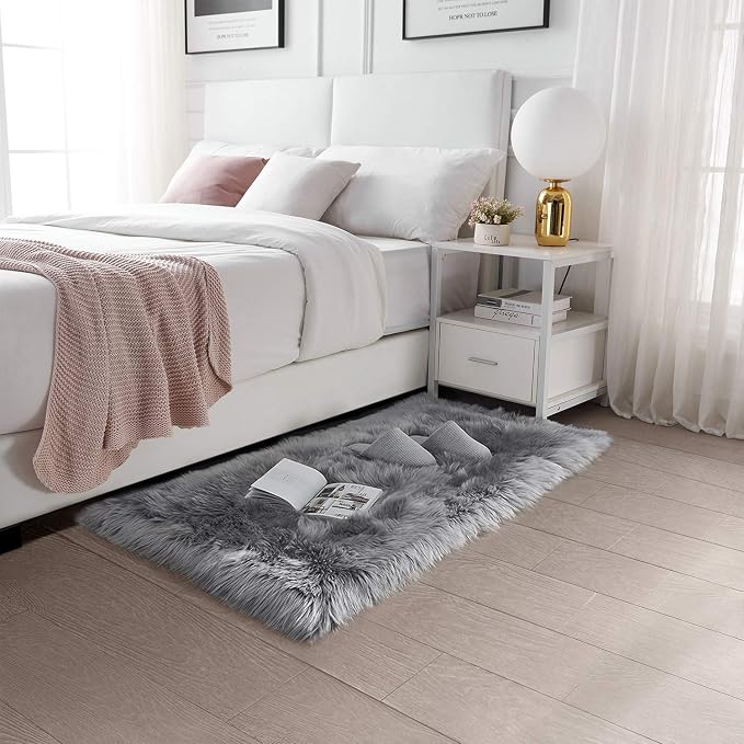 SERISSA Ultra Soft Faux Fur Area Rug Grey Fluffy Rug Plush Chair Cover Seat Pad - Image 2
