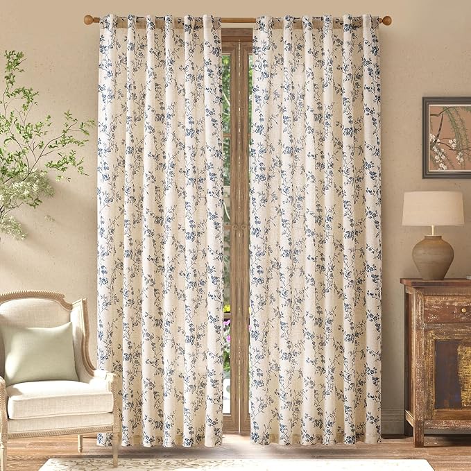 jinchan Linen Floral Curtains for Living Room 84 Inch Length Blue Printed - Image 2
