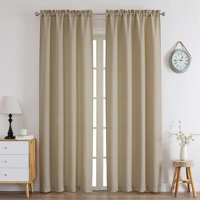 Chyhomenyc Camel Curtains 90 Inch Length 2 Panels Set, Faux Linen Textured Semi - Image 2