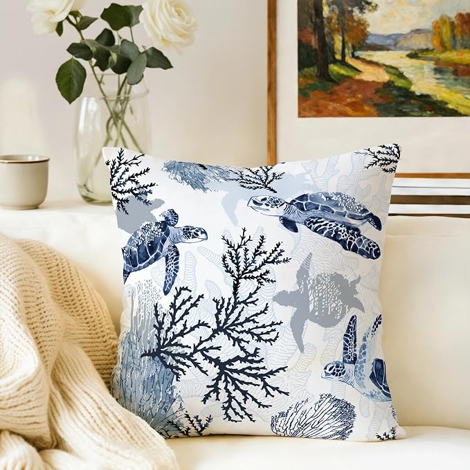 Cute Nautical Blue Pillow Covers Set of 2, Coastal Beach Themed Coral Sea - Image 4
