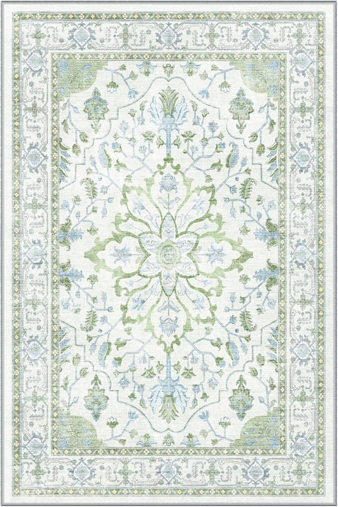 Area Rugs Round 4ft Washable Non-Slip, Floral Vintage Distress Print Pattern by RELEANY