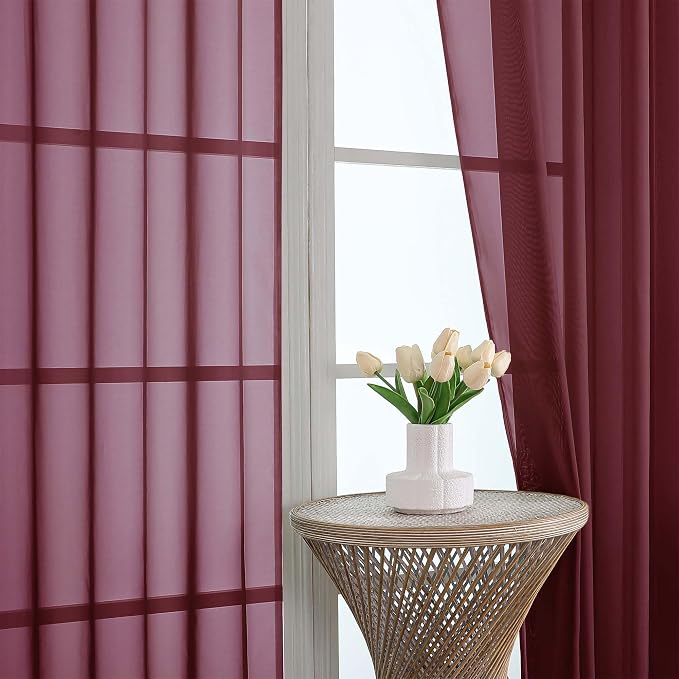 OWENIE Sheer Curtains 84 Inches Long 2 Panels Set, Burgundy Sheer Curtain - Image 2