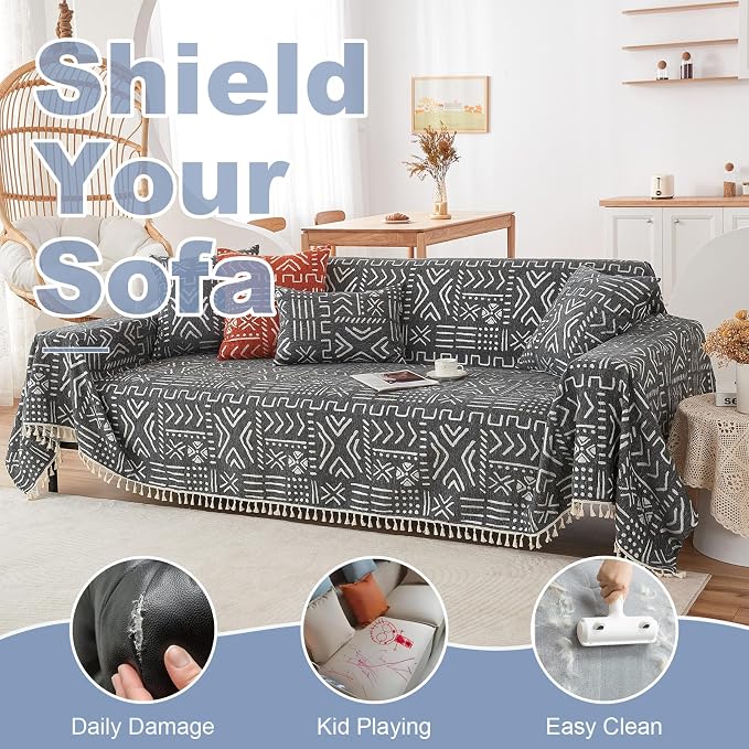 VClife Boho Black White Couch Cover Plush Soft Chenille Couch Cover - Image 3