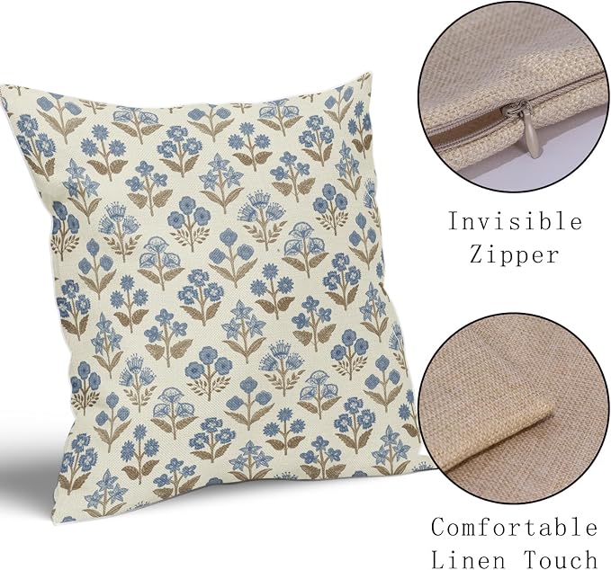 Brown Blue Floral Pillow Covers 22x22 Inch Set of 2, Vintage Flower Block - Image 4
