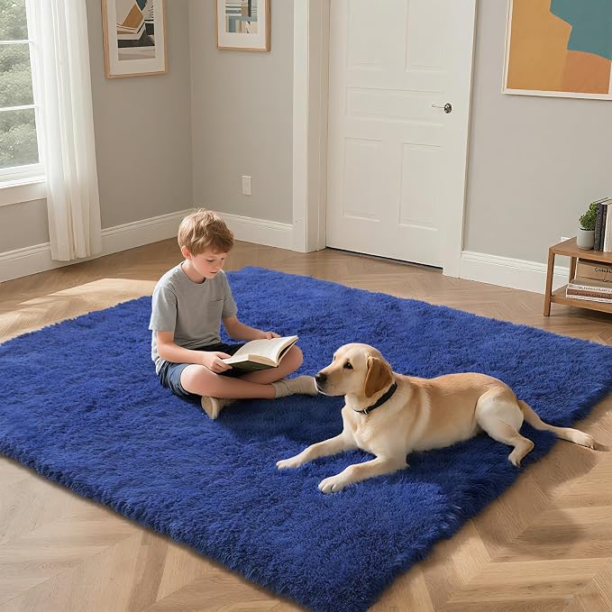 Blue Fluffy Rug Shaggy Area Rug, 6x9 Area Rugs - Image 4
