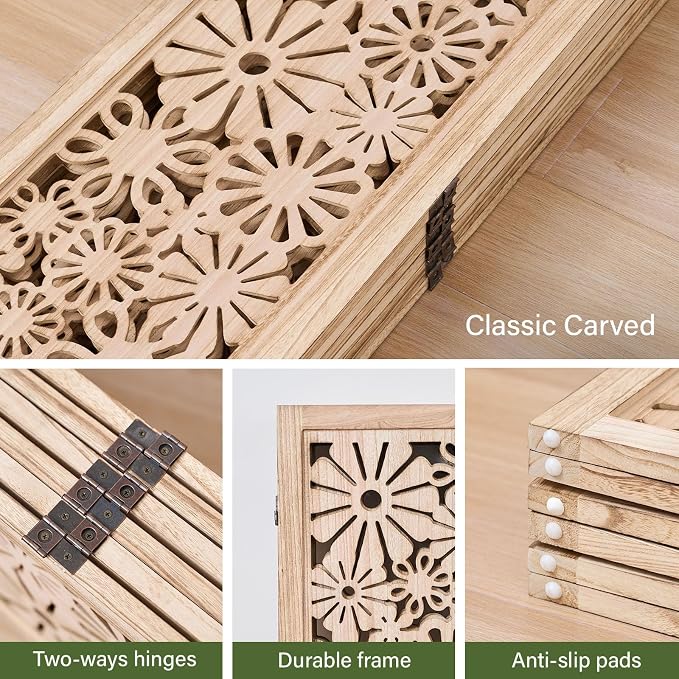 Folding Wood Room Divider Panel, 67 Inch Tall Daisy-Carved Privacy Screen - Image 2