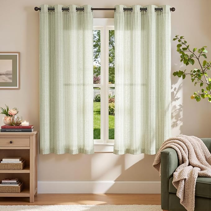 JINCHAN Linen Curtains for Living Room Sage Green on Beige Striped Curtains for - Image 2