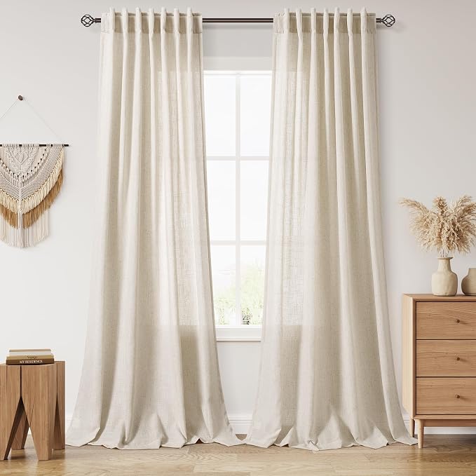 Boho Linen Curtains for Living Room 105 Inches Long Light Filtering Semi Sheer by Nanspring