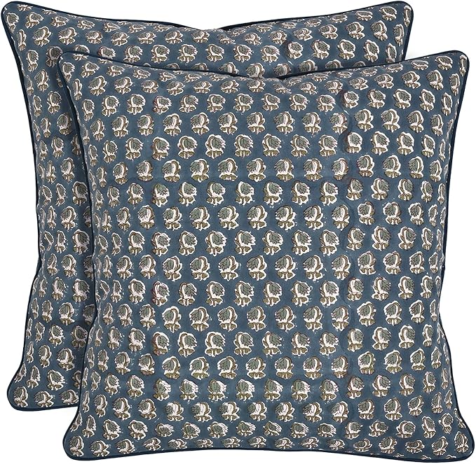 Ridhi Block Print Peacock Blue Pillow Cover 24" x 24" Decorative Couch Pillows by Ridhi
