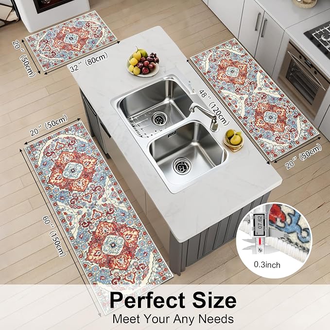HEBE Farmhouse Kitchen Rugs Sets of 3 Non Slip Washable Boho Kitchen Rugs and - Image 2